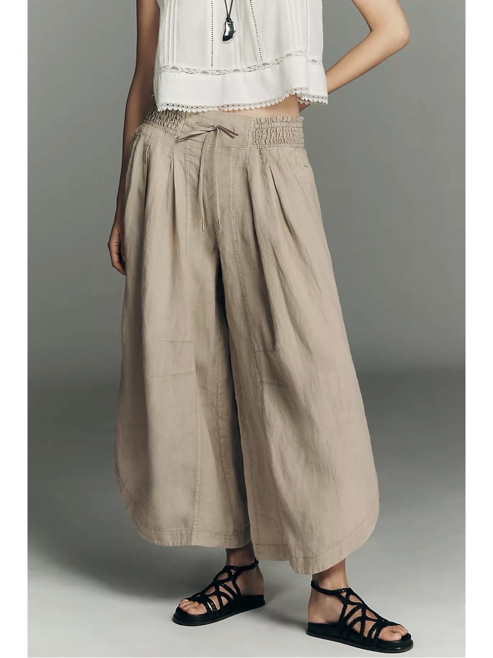Anthropologie Ruched Linen Wide Leg Parachute Pants Beige Size XL NWT LagenLook - Picture 3 of 11